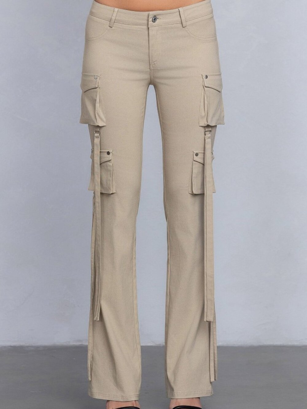 Low Rise Flared Cargo Pants | Stretchy Woven Streetwear with Strap Details
